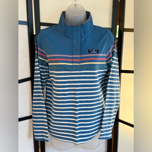L.L. Bean Tops - L.L. Bean Striped Henley Style Rugby Shirt.  Blue with colored stripes.  Size XS